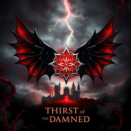 A grand book cover design featuring an ancient, intricate vampire glyph at the center, glowing in deep crimson and silver, with sharp, angular lines that radiate power and mystery