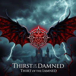 A grand book cover design featuring an ancient, intricate vampire glyph at the center, glowing in deep crimson and silver, with sharp, angular lines that radiate power and mystery