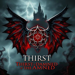A grand book cover design featuring an ancient, intricate vampire glyph at the center, glowing in deep crimson and silver, with sharp, angular lines that radiate power and mystery