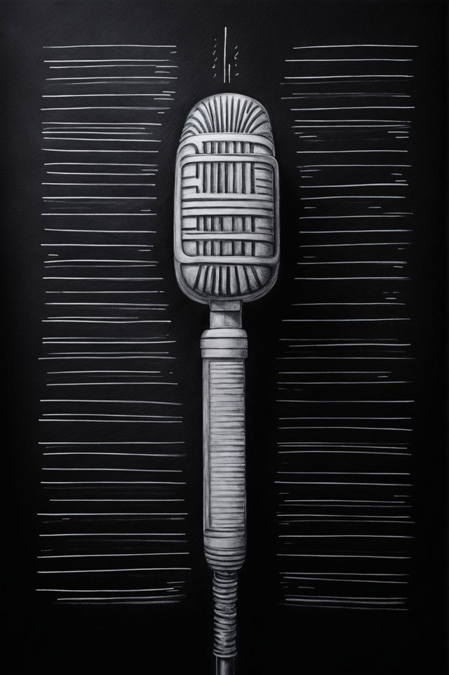 An expertly crafted, hand-drawn image of a modern microphone created with chalk on dark lined paper