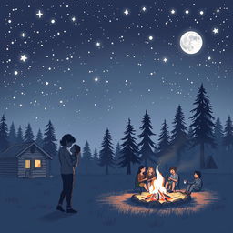 A romantic sketched illustration of a summer camp at night, featuring a starry sky filled with twinkling stars