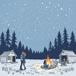 A romantic sketched illustration of a summer camp at night, featuring a starry sky filled with twinkling stars