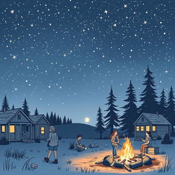 A romantic sketched illustration of a summer camp at night, featuring a starry sky filled with twinkling stars