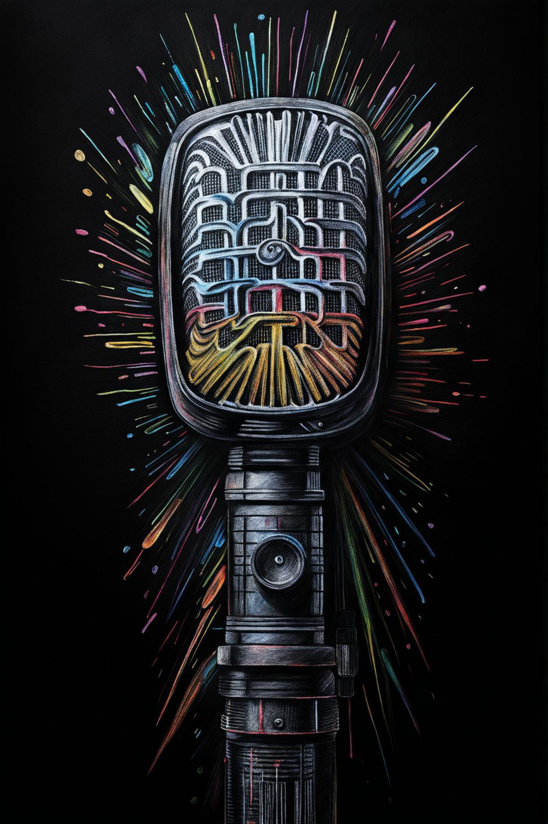 A striking, hand-drawn image of a microphone created with chalk