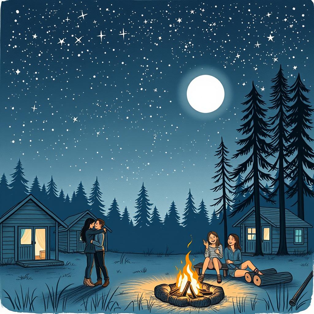 A romantic sketched illustration of a summer camp at night, featuring a starry sky filled with twinkling stars