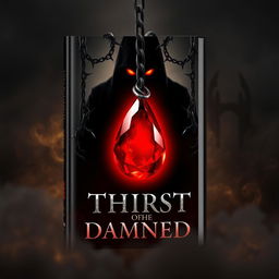 A striking book cover design featuring a large, glowing red gemstone shaped like a blood drop, suspended in mid-air and surrounded by ancient chains and dark, thorny vines