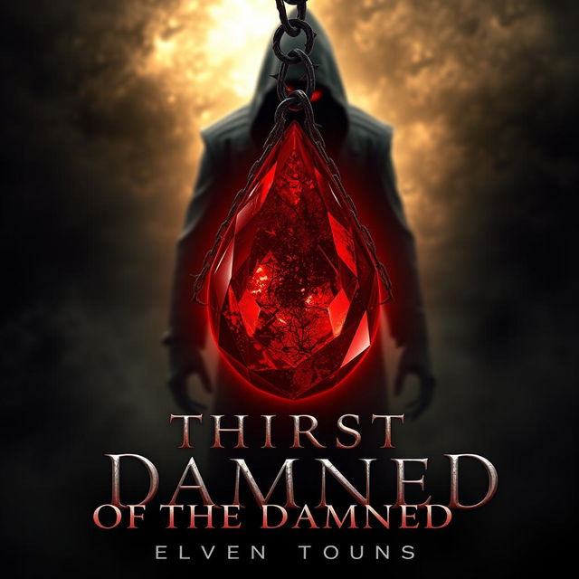 A striking book cover design featuring a large, glowing red gemstone shaped like a blood drop, suspended in mid-air and surrounded by ancient chains and dark, thorny vines