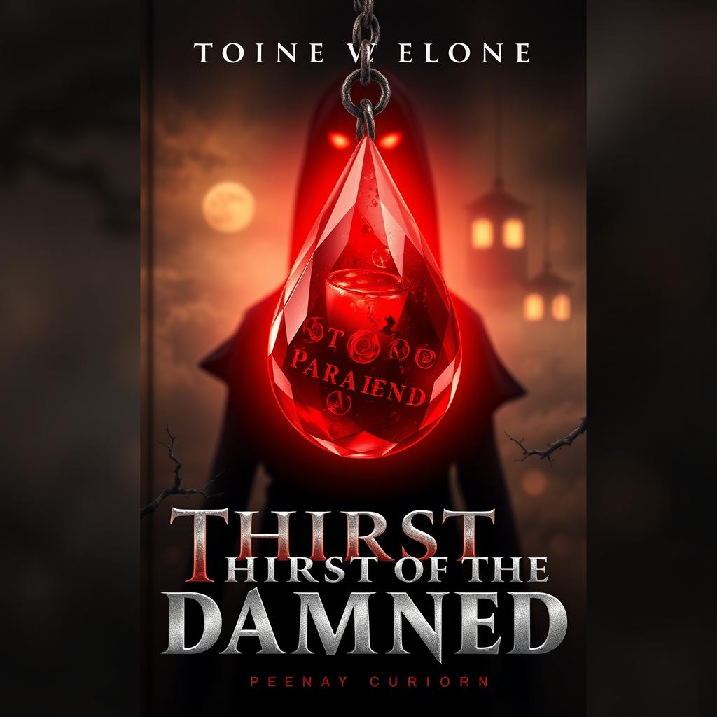 A striking book cover design featuring a large, glowing red gemstone shaped like a blood drop, suspended in mid-air and surrounded by ancient chains and dark, thorny vines