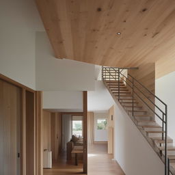 A two-story house. The ground floor features a kitchen and a hall with indoor stairs. The first floor contains two bedrooms.