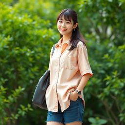 A beautiful Korean woman in a retro summer style stands facing the camera with a soft and cute smile