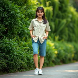 A beautiful Korean woman in a retro summer style stands facing the camera with a soft and cute smile