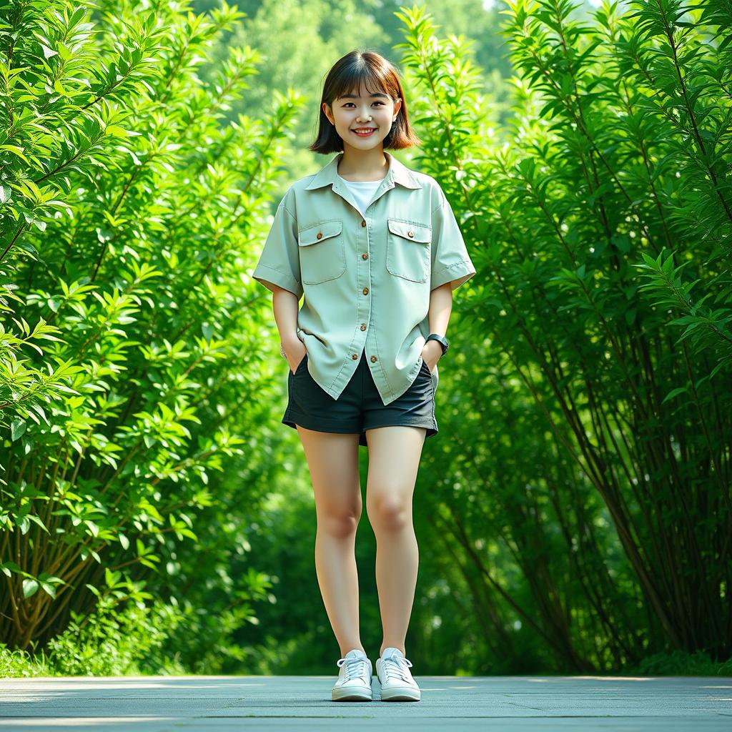 A beautiful Korean woman in a retro summer style stands facing the camera with a soft and cute smile