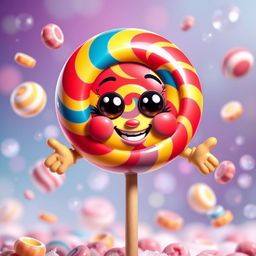 A colorful, anthropomorphic lollipop character, designed to be cheerful and playful, with a glossy, swirled candy surface featuring vibrant colors of red, blue, and yellow