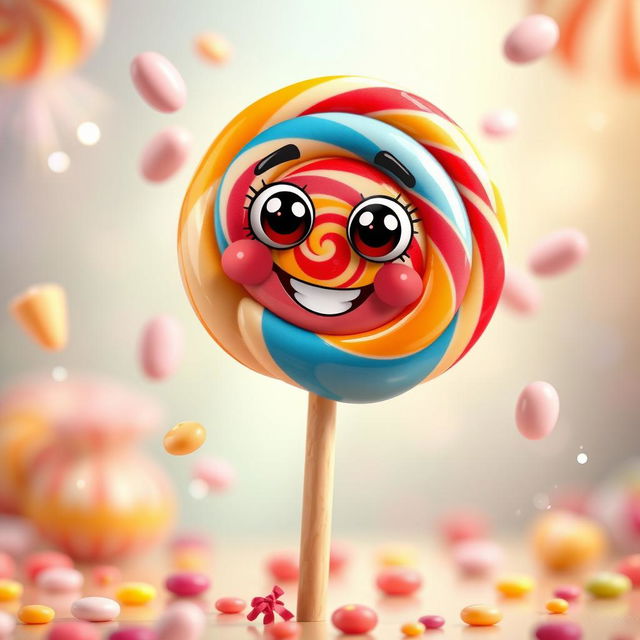 A colorful, anthropomorphic lollipop character, designed to be cheerful and playful, with a glossy, swirled candy surface featuring vibrant colors of red, blue, and yellow