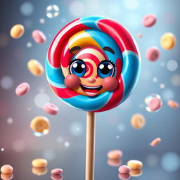 A colorful, anthropomorphic lollipop character, designed to be cheerful and playful, with a glossy, swirled candy surface featuring vibrant colors of red, blue, and yellow