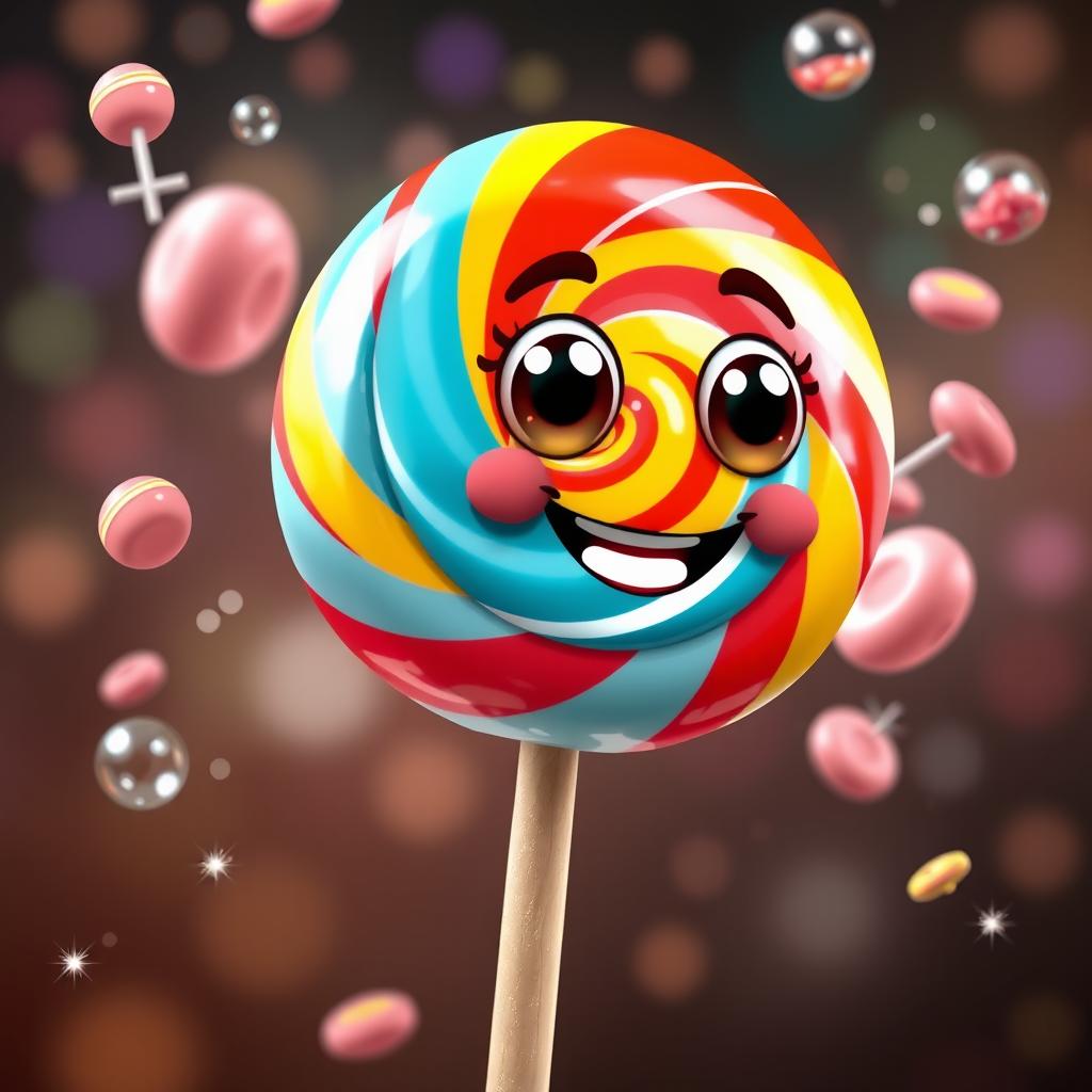 A colorful, anthropomorphic lollipop character, designed to be cheerful and playful, with a glossy, swirled candy surface featuring vibrant colors of red, blue, and yellow