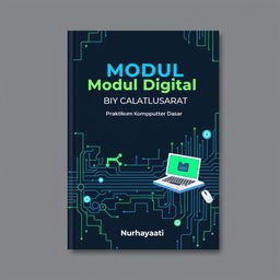 A book cover design for a manual titled "Modul Digital Praktikum Komputer Dasar", featuring a modern and sleek layout