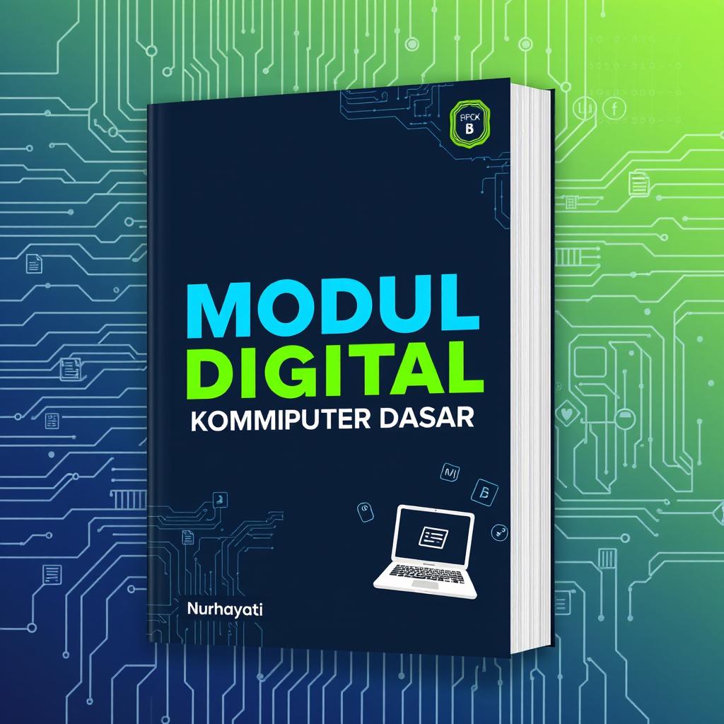 A book cover design for a manual titled "Modul Digital Praktikum Komputer Dasar", featuring a modern and sleek layout