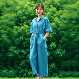 A beautiful Korean woman in a long blue retro summer style outfit, standing and facing the camera with a soft and cute smile, wearing sneakers