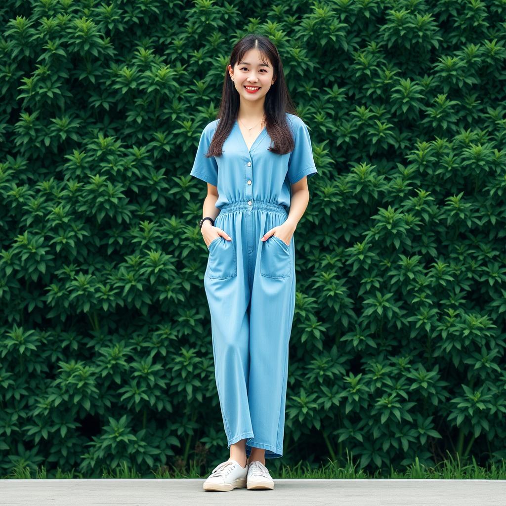 A beautiful Korean woman in a long blue retro summer style outfit, standing and facing the camera with a soft and cute smile, wearing sneakers