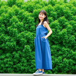 A beautiful Korean woman in a long blue retro summer style outfit, standing and facing the camera with a soft and cute smile, wearing sneakers