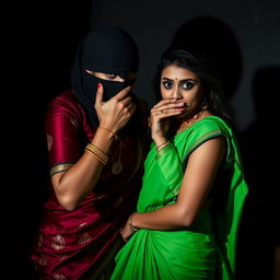 A dramatic and intense scene featuring two sexy Indian women, set in a visually captivating atmosphere