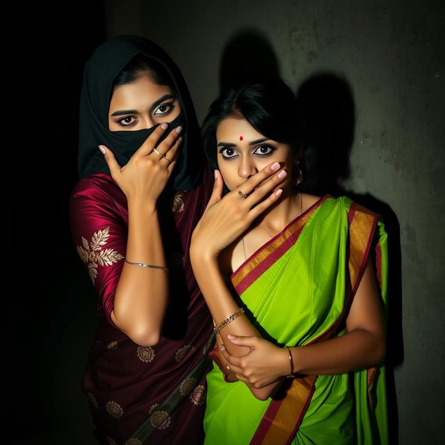 A dramatic and intense scene featuring two sexy Indian women, set in a visually captivating atmosphere