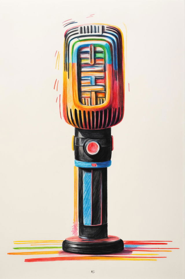 A delightful, hand-drawn image of a simple microphone, rendered in crayon