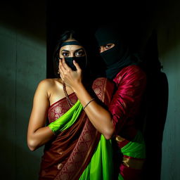 A dramatic and intense scene featuring two sexy Indian women, set in a visually captivating atmosphere