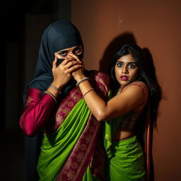 A dramatic and intense scene featuring two sexy Indian women, set in a visually captivating atmosphere