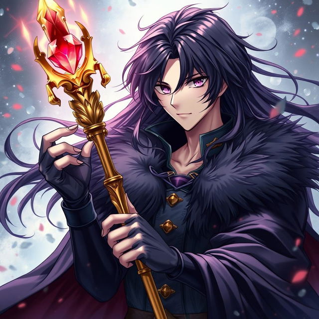 An enchanting light novel cover featuring a striking male character with long flowing black hair and captivating amethyst eyes