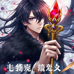 An enchanting light novel cover featuring a striking male character with long flowing black hair and captivating amethyst eyes