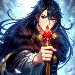 An enchanting light novel cover featuring a striking male character with long flowing black hair and captivating amethyst eyes