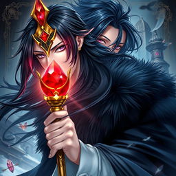 An enchanting light novel cover featuring a striking male character with long flowing black hair and captivating amethyst eyes