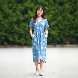 A beautiful Korean woman in a retro summer style outfit featuring a long blue dress with white floral patterns, standing facing the camera with a soft and cute smile