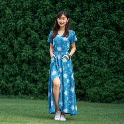 A beautiful Korean woman in a retro summer style outfit featuring a long blue dress with white floral patterns, standing facing the camera with a soft and cute smile