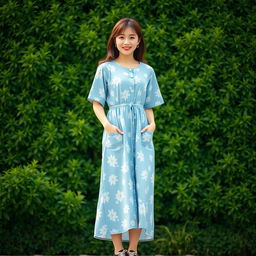 A beautiful Korean woman in a retro summer style outfit featuring a long blue dress with white floral patterns, standing facing the camera with a soft and cute smile