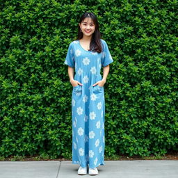 A beautiful Korean woman in a retro summer style outfit featuring a long blue dress with white floral patterns, standing facing the camera with a soft and cute smile