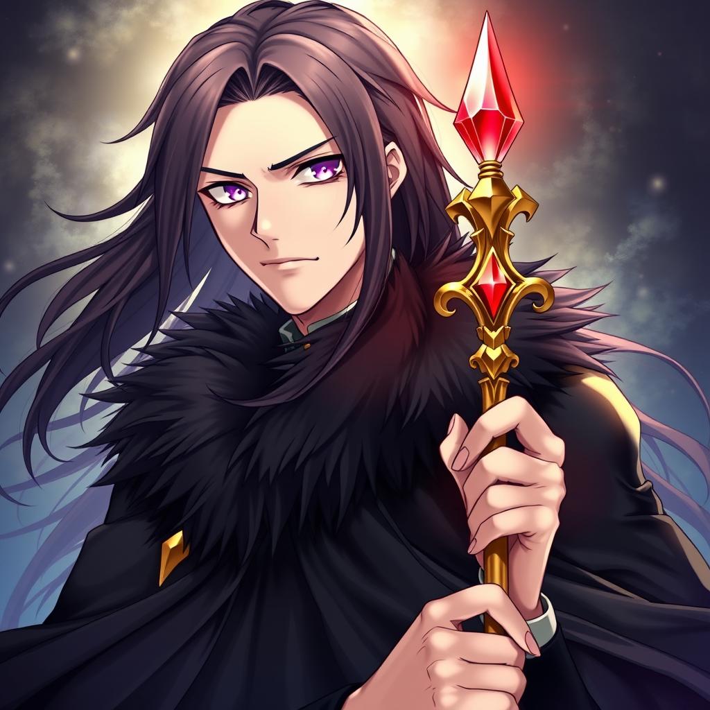 An alluring light novel cover featuring a tall male character with long flowing black hair cascading around his shoulders and captivating amethyst eyes that convey confidence