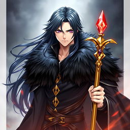 An alluring light novel cover featuring a tall male character with long flowing black hair cascading around his shoulders and captivating amethyst eyes that convey confidence