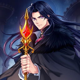 An alluring light novel cover featuring a tall male character with long flowing black hair cascading around his shoulders and captivating amethyst eyes that convey confidence