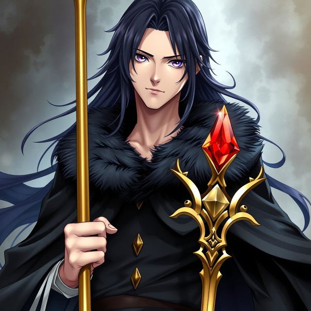 An alluring light novel cover featuring a tall male character with long flowing black hair cascading around his shoulders and captivating amethyst eyes that convey confidence