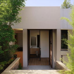 A two-story house. The ground floor features a kitchen and a hall with indoor stairs. The first floor contains two bedrooms.