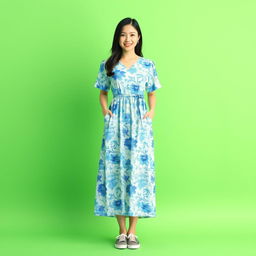 A beautiful Korean woman in a long, retro summer dress featuring blue and white floral patterns, standing facing the camera with a soft and cute smile