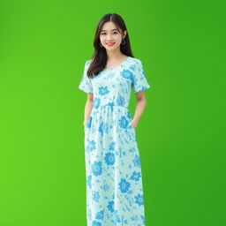 A beautiful Korean woman in a long, retro summer dress featuring blue and white floral patterns, standing facing the camera with a soft and cute smile