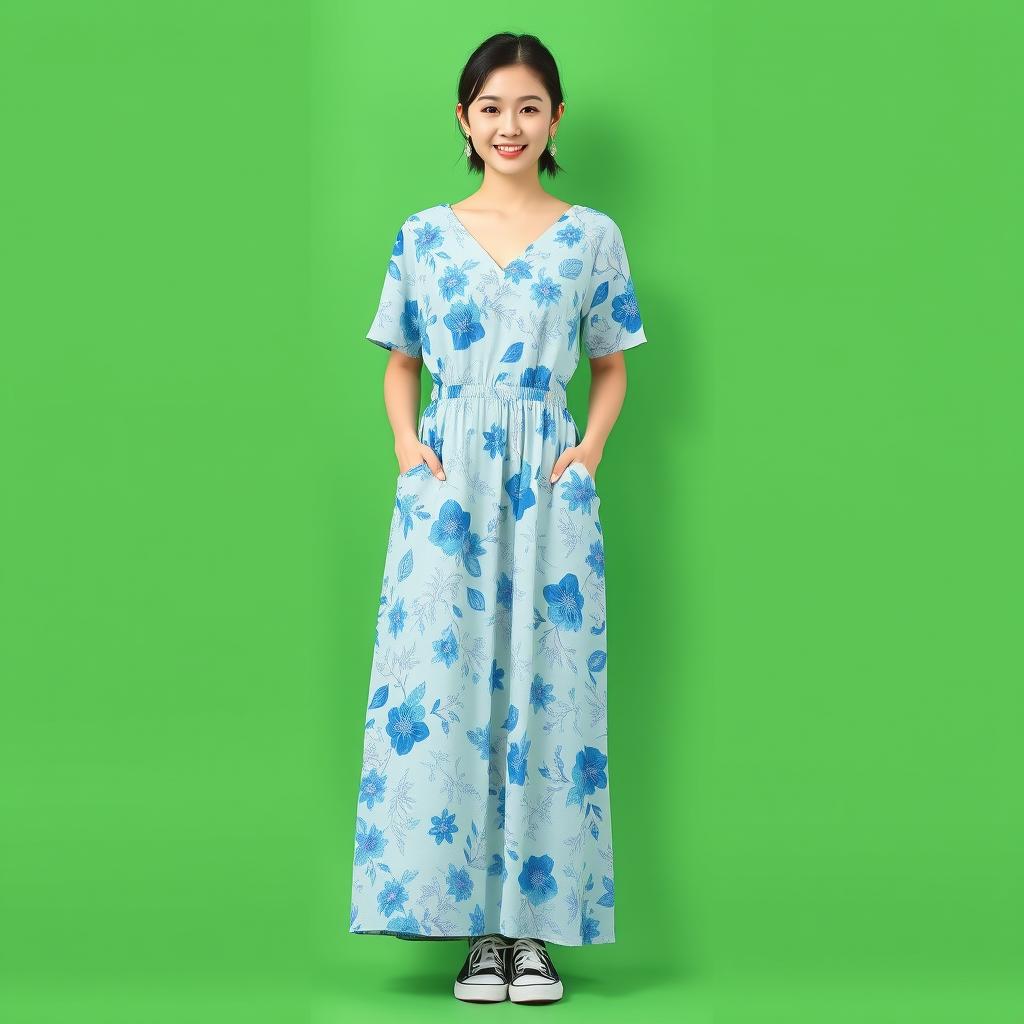 A beautiful Korean woman in a long, retro summer dress featuring blue and white floral patterns, standing facing the camera with a soft and cute smile