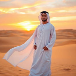 A person standing in a beautiful desert landscape at sunset, wearing a traditional white Dubai robe