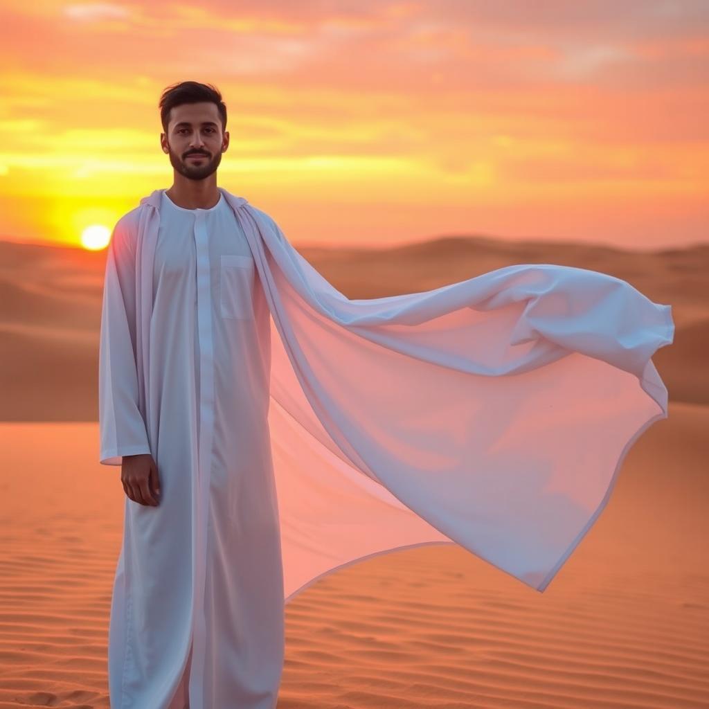 A person standing in a beautiful desert landscape at sunset, wearing a traditional white Dubai robe