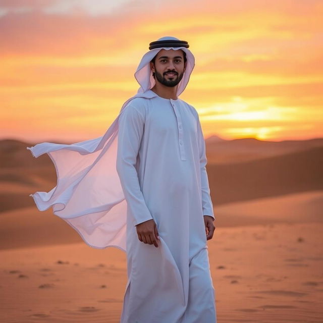 A person standing in a beautiful desert landscape at sunset, wearing a traditional white Dubai robe