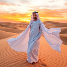 A person standing in a beautiful desert landscape at sunset, wearing a traditional white Dubai robe